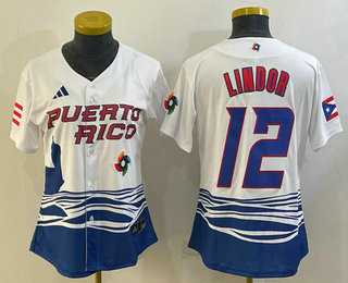 Women%27s Puerto Rico Baseball #12 Francisco Lindor 2023 White World Classic Stitched Jerseys